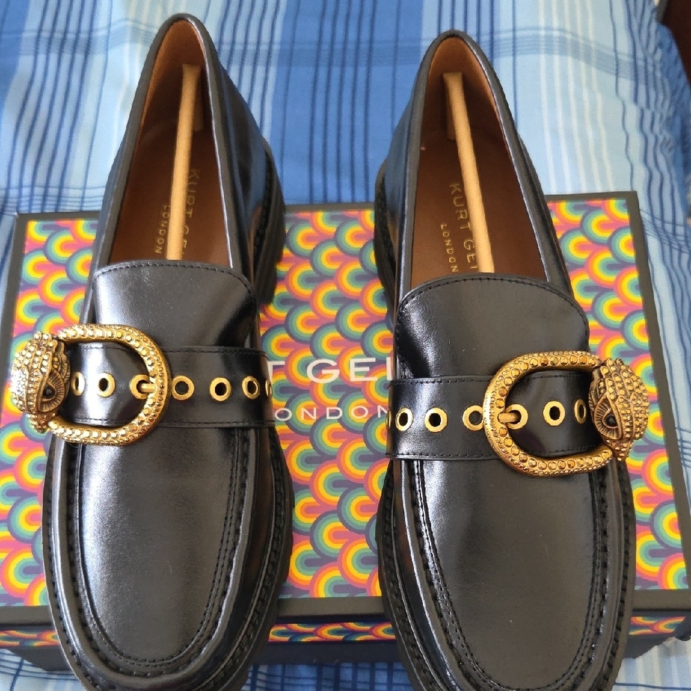 Kurt Geiger Black Leather Loafers with Gold Buckle